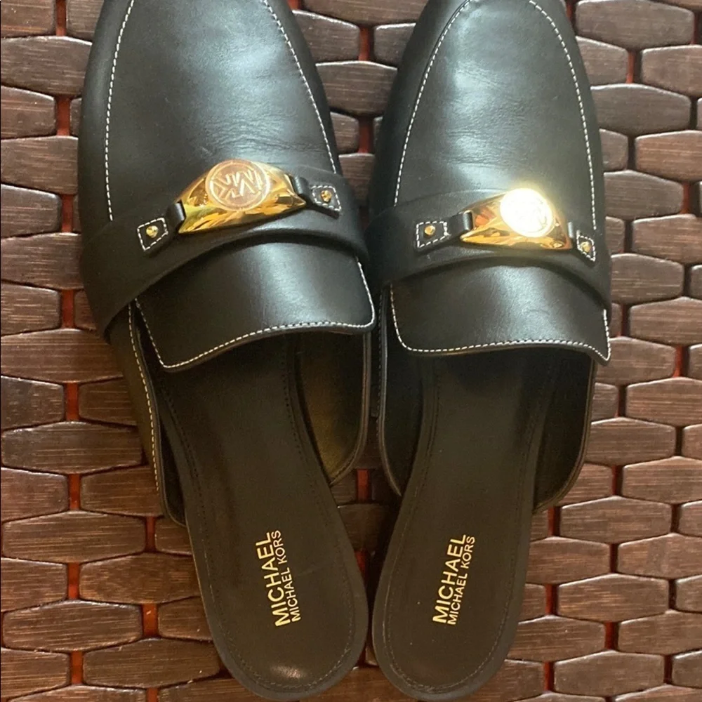 Michael Kors Black Leather Slip-On Shoes with Gold Detail